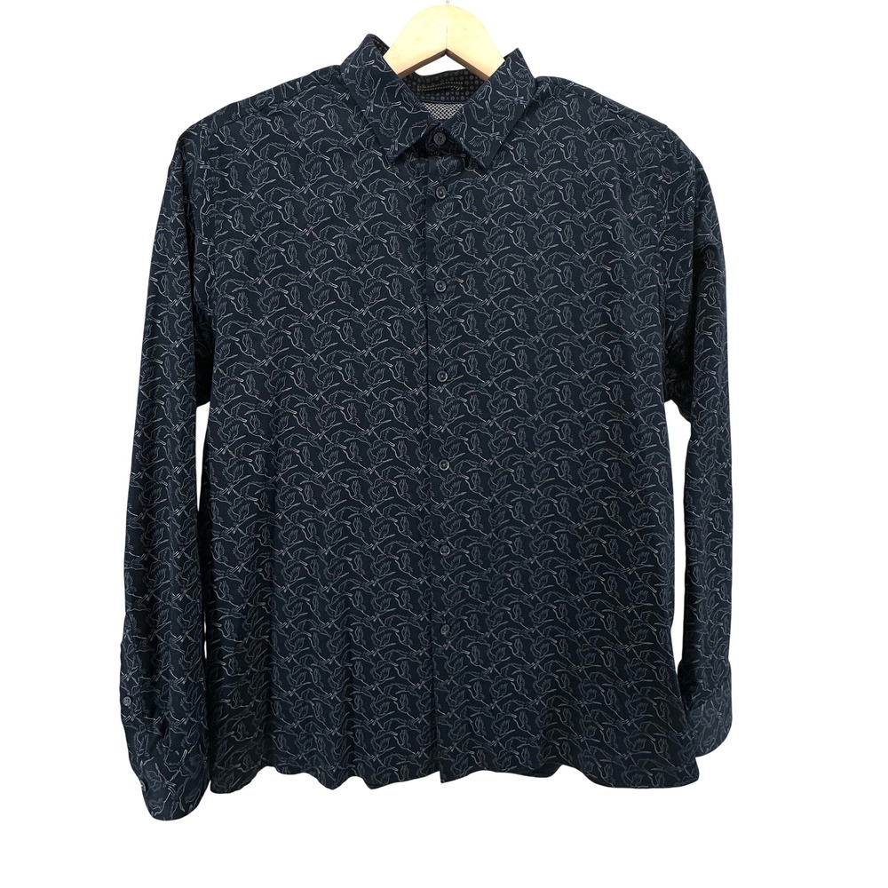 Ted Baker London Blue Crane Bird Print Button Down Shirt Mens Size 7 XXL